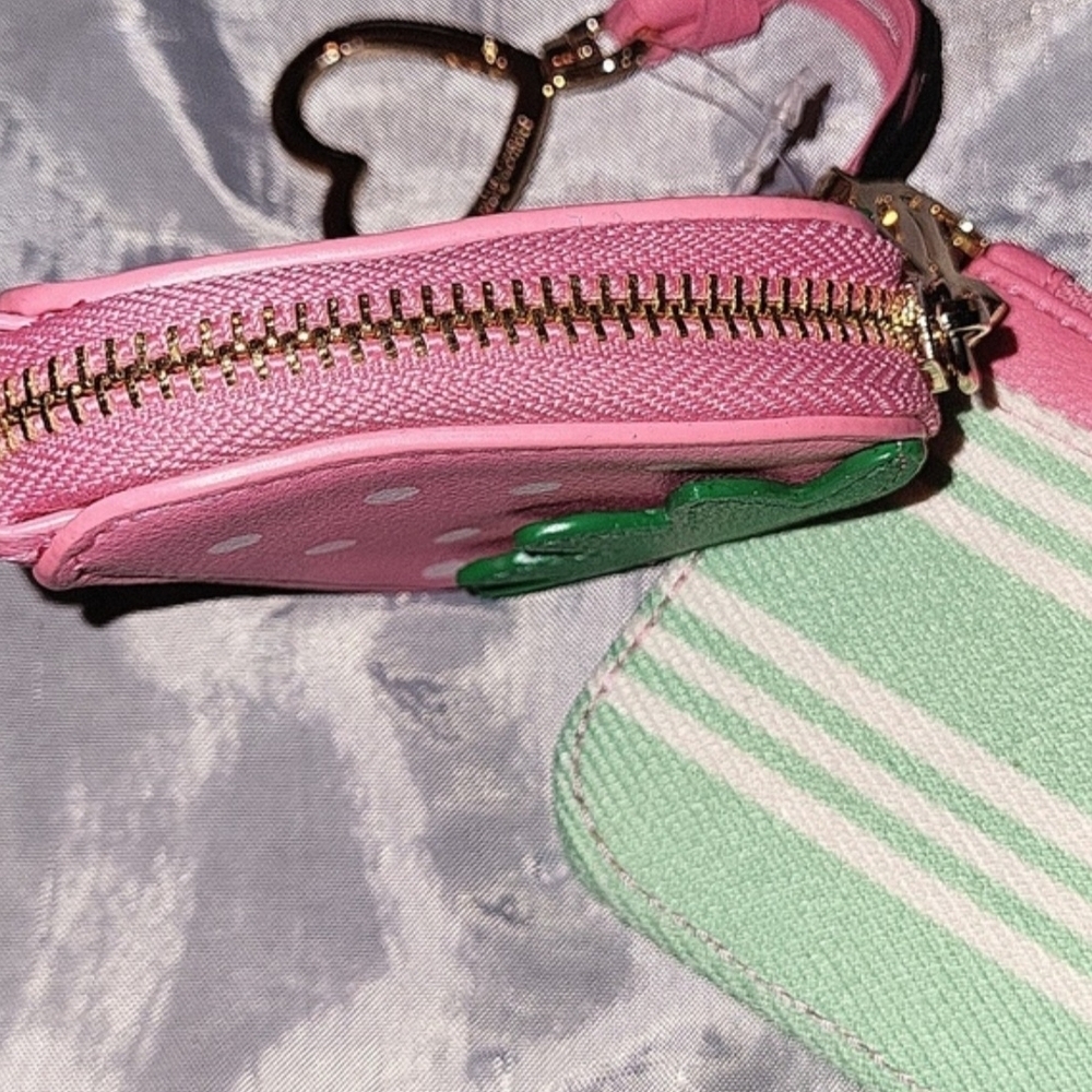Juicy Couture Mint Green & Pink Stripe Wristlet with Strawberry Charm - Picture 6 of 11